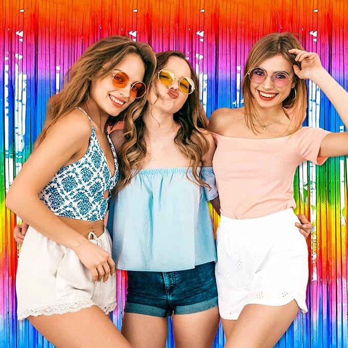 6 Pack Dark Rainbow Foil Fringe Curtains Backdrop, 3.28 x 8.2 Ft Metallic Streamers Tinsel Curtains Background for Photo Booth, Birthday, Christmas, Halloween, Thanksgiving, New Year Party Decorations