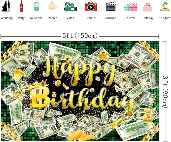 5×3ft Money Birthday Backdrop Money Party Background Dollar Bill Backdrop Hip Hop Background Boy Girl Men Cash Bash Birthday Party Props Photo Booth Decor