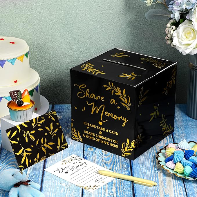 Pajean 50 Pcs Share a Memory Cards for Collections of Life, Memory Cards Box for Guest Ideas Funeral Graduation Wedding Bridal Shower Birthday Anniversary Retirement(Black, Gold)