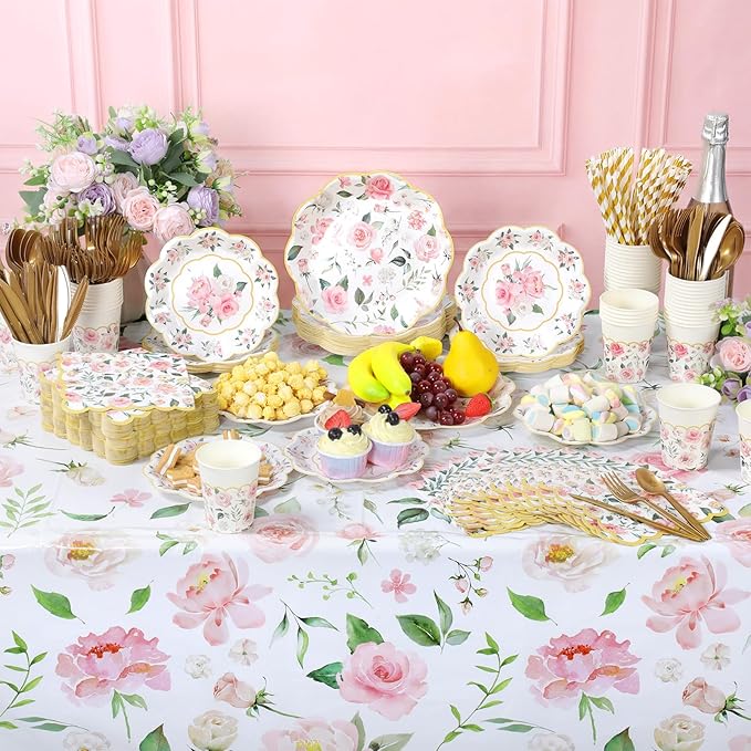 LemonRoad 452 Pcs Pink Floral Party Decorations for 50, Tea Party Paper Plates Napkins Cups Tablecloth Cutlery Straws Floral Disposable Tableware for Spring Bridal Shower Baby Shower Birthday Supplies