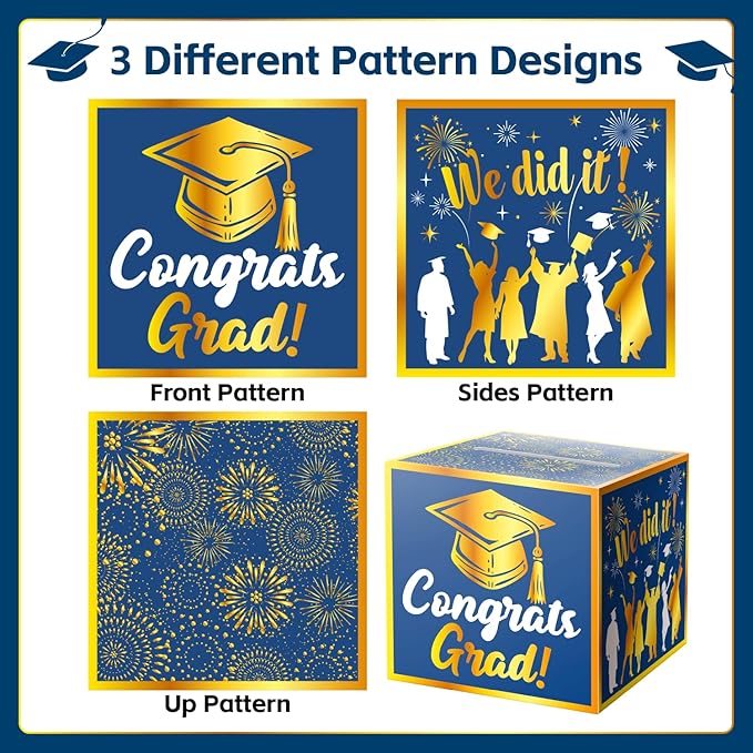 JWSCYSY Graduation Card Box Holder, Congrats Grad Foldable Cardboard Decorations Box for Graduation Party Favors Decor Party Supplies (Blue Gold)