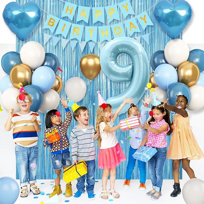 9th Birthday Decorations Blue White Gold,9th Birthday Balloons with Happy Birthday Banner Fringe Curtain Heart Foil Balloons for Boys Girls 9 Year Old Birthday Decor