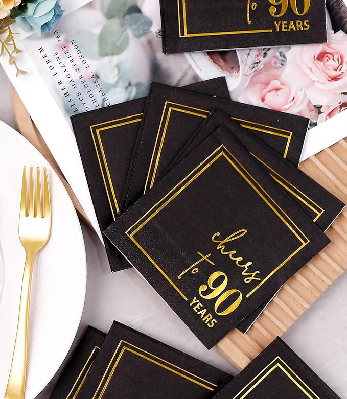 Cheers to Years Cocktail Napkins - 50 PK - 3-Ply Birthday Napkins 5x5 Inches Disposable Party Napkins Beverage Paper Napkins or Birthday Decorations Wedding Anniversary Black and Gold (90 Years)