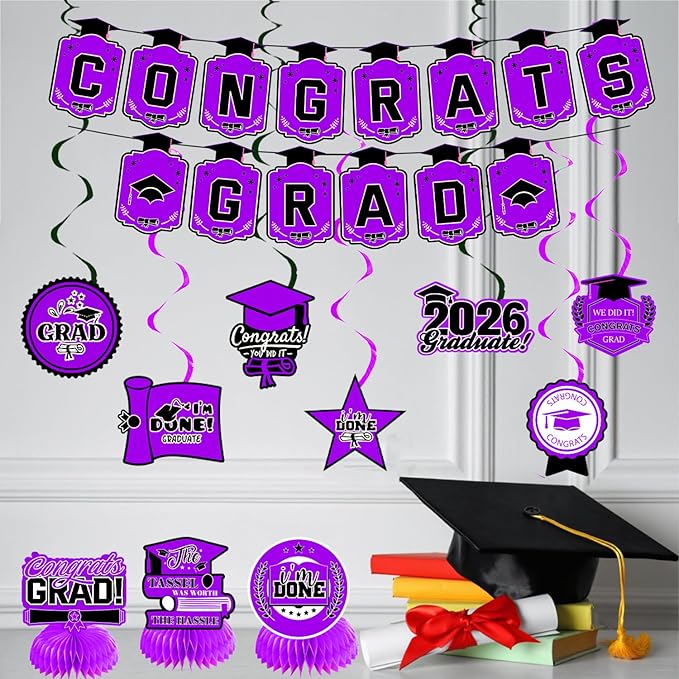 Graduation Decorations 2026 Purple Themed Set - Congrats Grad Banner, Class of 2026 Backdrop, Balloons & Streamers Kit - Complete Party Supplies for High School & College Celebrations