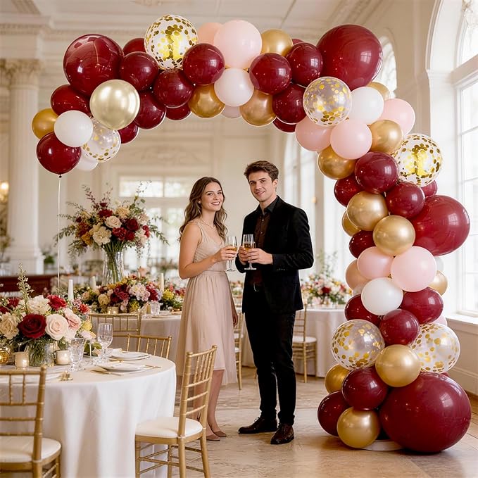Burgundy and Gold Balloons, 60Pcs Burgundy Maroon Wine Dark Red White Metallic Gold Nude Balloons with Confetti Balloons for Girls Birthday Graduation Bridal Shower Wedding Party Decorations Supplies