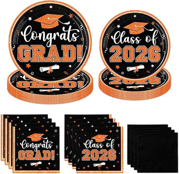 Graduation Plates and Napkins 2026,Orange Graduation Decorations 2026,200pcs Orange and Black Plates and Napkins Graduation Party Supplies for Graduation Party Decorations,Serve 50