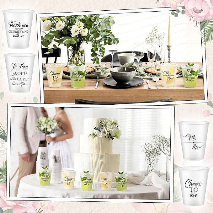 Yungyan 100 Pcs Wedding Frosted Plastic Cups Bulk 12 oz Clear Wedding Cups for Reception Disposable Cheer to Love Bridal Shower Bachelorette Party Supplies