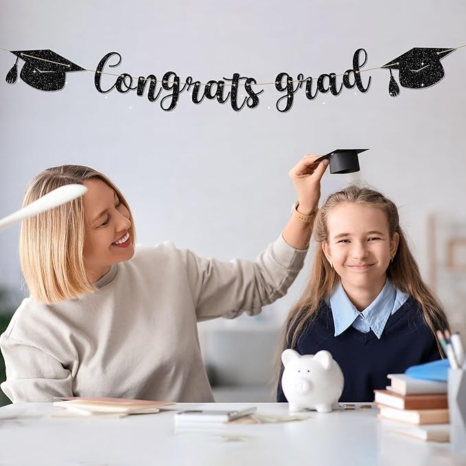 Congrats Grad Banner - 9 ft Black Pre-Strung Congrats Grad Banner, Graduation Party Decorations & Decor for Elementary, 5th Grade, 8th Grade, High School, College, Congrats Grad Sign