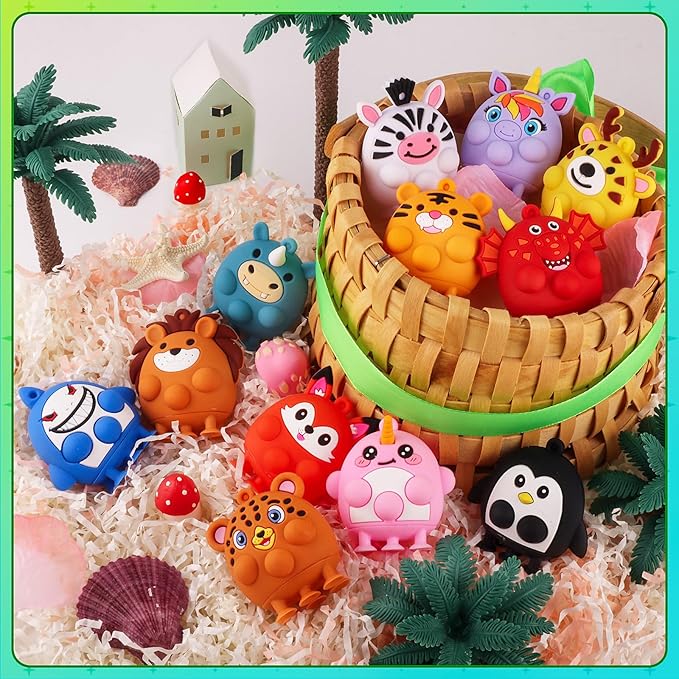 Easter Basket Stuffers for Toddler,12 PCS Party Favors for Kids, Silicone Animal Pop Fidget Toys with Suction, Treasure Box Toys, Goodie Bag Stuffers, Prizes for Kids, Pinata Stuffers