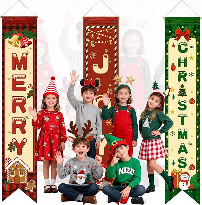 3PCS Christmas Party Decorations Merry Christmas Porch Banners Xmas Hanging Signs Holiday Wall Decor Rustic Farmhouse Xmas Porch Signs for Indoor Outdoor Photo Booth Backdrop Winter Party Supplies