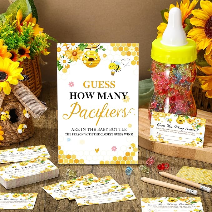 Syhood 472 Pcs Bee Baby Shower Games Guess How Many Pacifiers Game Sign 50 Small Guessing Games 20 HB Pencils 750 ml Milk Bottle 400 Acrylic Pacifiers Decorations Guests Gender Reveal Party Favor