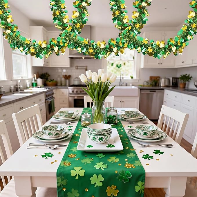 50FT St Patrick's Day Tinsel Garland, Green Gold Shamrock Clover Garland, Shiny Metallic Hanging Shamrock Streamer St Patricks Day Decorations Irish Decor