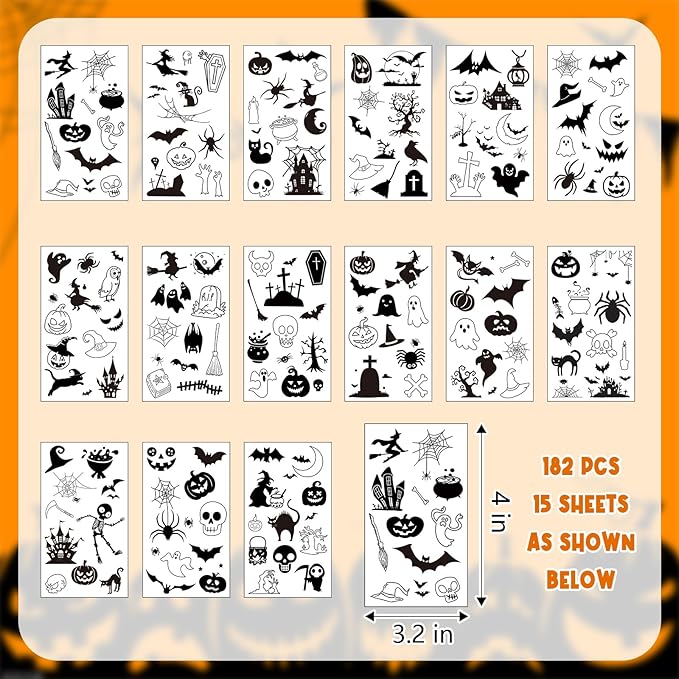 XZENTIRA 182 PCS Halloween Waterproof Temporary Tattoo Stickers 15 Sheets Bat Spider Fake Tattoos for Adults and Halloween Decorations, Trick or Treat Gifts and Makeup Decorations