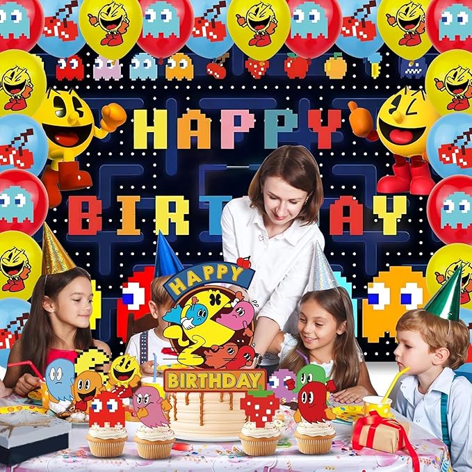 Pac Ghost Birthday Party Decoration, Include Game Party Backdrop 5 x 3 FT, Latex Balloons, Cake Topper for Pacman Theme Kids Fans Birthday Party