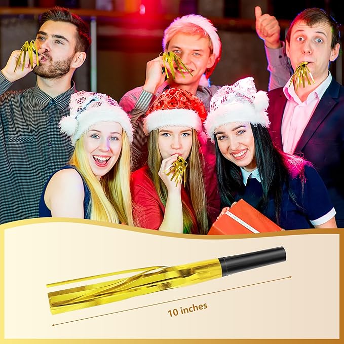 50Pcs New Years Noise Makers, Gold Party Blowers, Happy New Year Party Favors Metallic Fringed Party Horns, Birthday Blowers for Adults Women Men New Years Eve Supplies