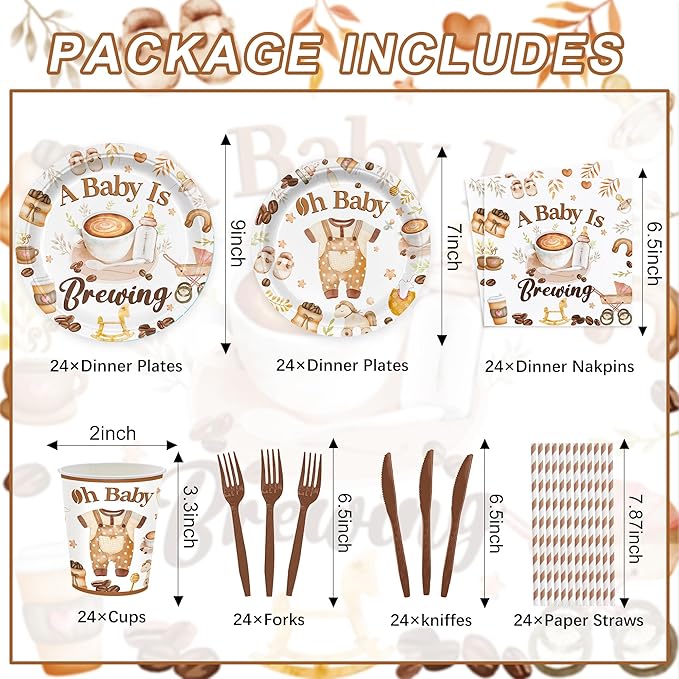 168PCS Coffee Baby Shower Party Supllies for Boys Girls A Baby Is Brewing Party Decorations Coffee Themed Tableware Plates Cups Napkins Cups Forks Knives and Straws Dinnerware for 24 Guests