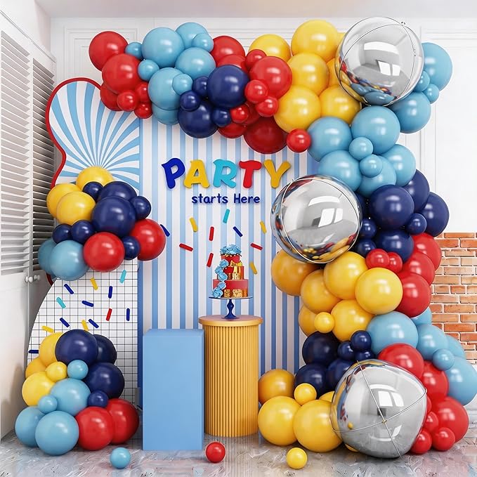 Red Blue Yellow Balloon Arch Kit with 4D Silver Ball Foil Balloons, Dusty Navy Blue Red Yellow Latex Balloons Garland for Carnival Circus Birthday Baby Shower Party Decorations