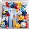 Red Blue Yellow Balloon Arch Kit with 4D Silver Ball Foil Balloons, Dusty Navy Blue Red Yellow Latex Balloons Garland for Carnival Circus Birthday Baby Shower Party Decorations