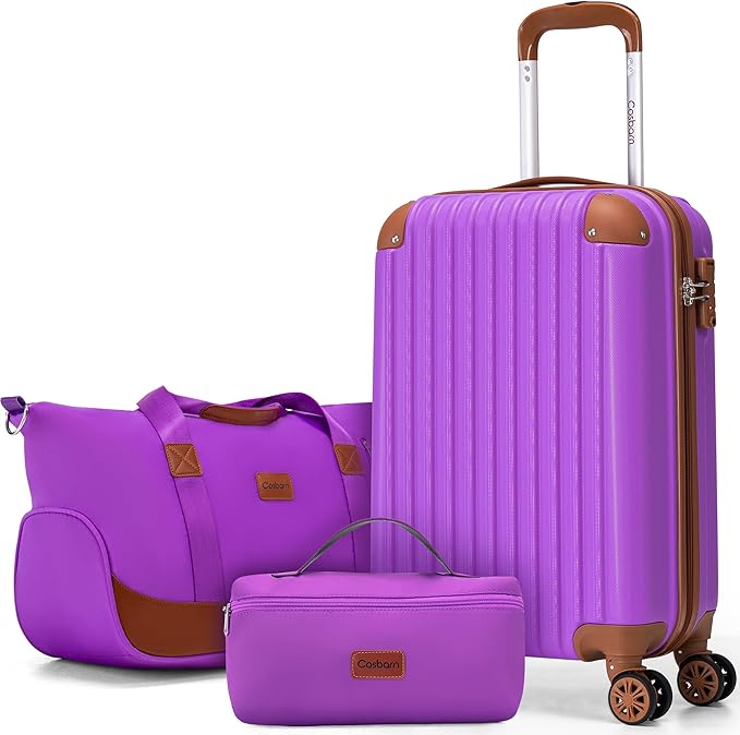 Cosbarn Carry On Luggage Sets 3 Piece, 20 Inch Luggage 22x14x9 Airline Approved with Wheels and TSA Lock, ABS Lightweight Hardshell Travel Suitcase Set with Duffel Bag Travel Bag for Men Women