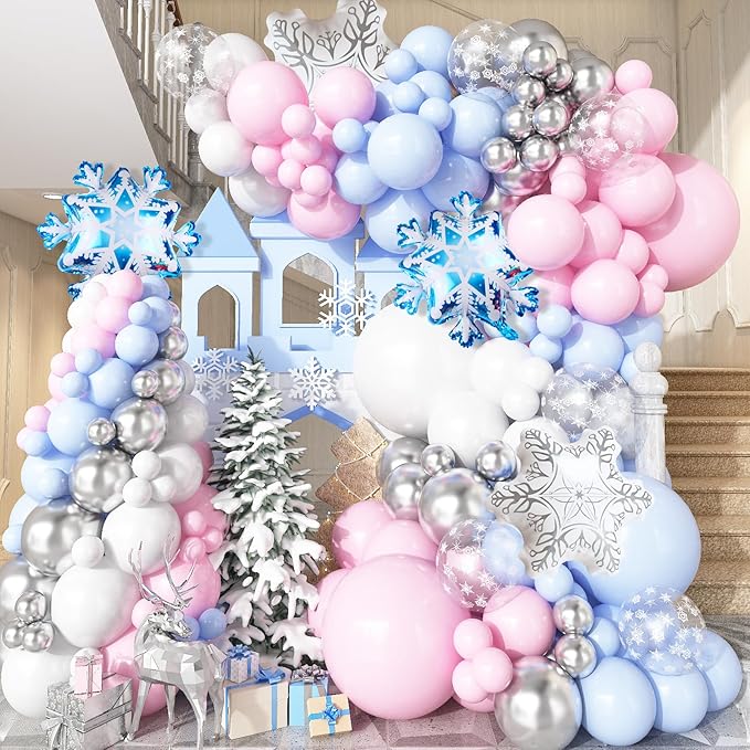 Winter Wonderland Balloon Arch Garland Kit, Light Pink Baby Blue White Balloon with Snowflake Foil Balloons for Christmas Ice Wonderland Snow Baby Shower Gender Reveal Birthday Party Decorations