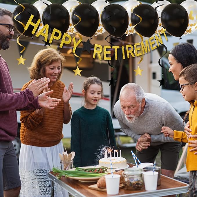 Happy Retirement Party Decorations - Banner, Triangle Flag Garland, Star Hanging Swirls and Balloons