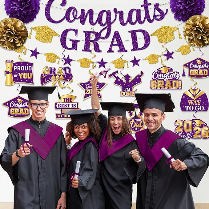 Purple Graduation Decorations, Glitter Congrats Grad Banner Hanging Swirls and Tissue Pom Poms, Purple and Gold Graduation Decorations for Class of 2026 College Graduations Party Decorations