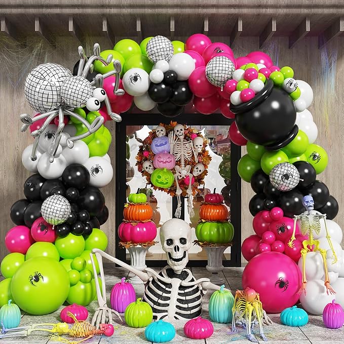 Halloween Balloon Arch Garland Kit, Neon Pink Green and Black White Party Balloons with Disco DIY Spider & 3D Spider Decor for Halloween Birthday Baby Shower Party Decorations