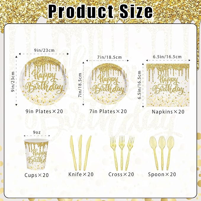 140Pcs Golden Happy Birthday Party Decorations White Gold Paper Plates Napkins Cups Tableware Set Women Men Birthday Themed Party Decor for 20 Guests