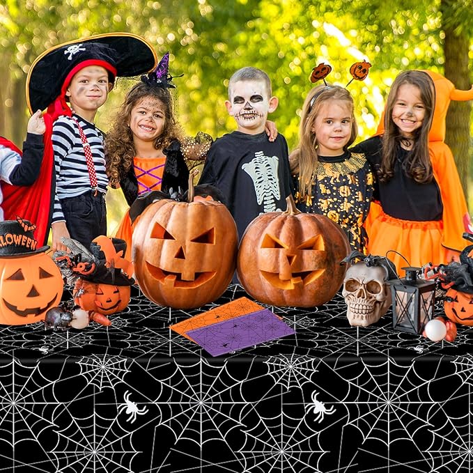 3 Pcs Halloween Tablecloth - Multicolor Spider Web Table Cloths, Disposable Rectangle Plastic Spiderweb Table Cover for Halloween Party Decorations Supplies Favors Tables Decor, 108 x 54 Inch