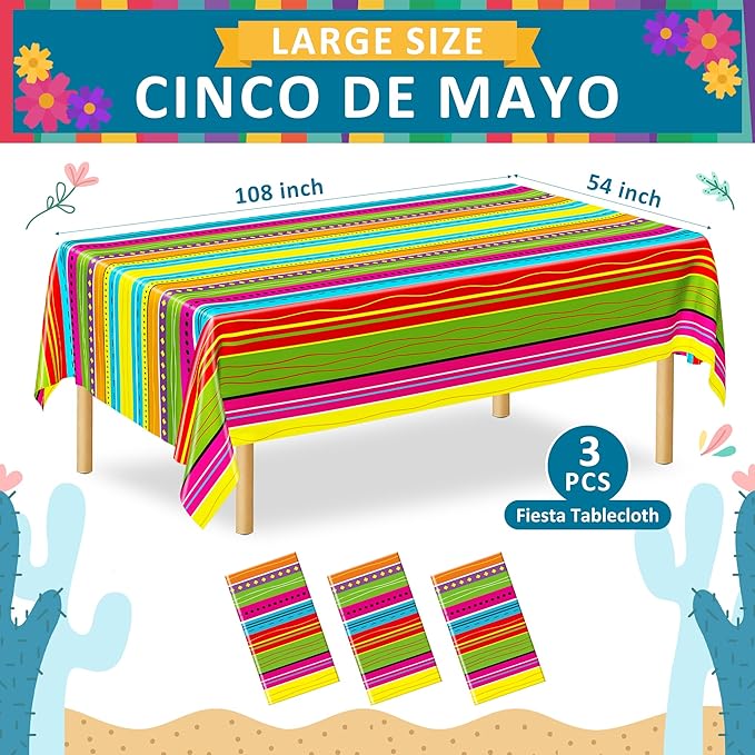 3 Pcs Cinco De Mayo Decorations, Disposable Fiesta Tablecloths (54 X 108 Inches), Rectangle Table Covers with Colorful Serape Stripe Plastic Dinnerware Kitchen Decor for Mexican Themed Party Favors