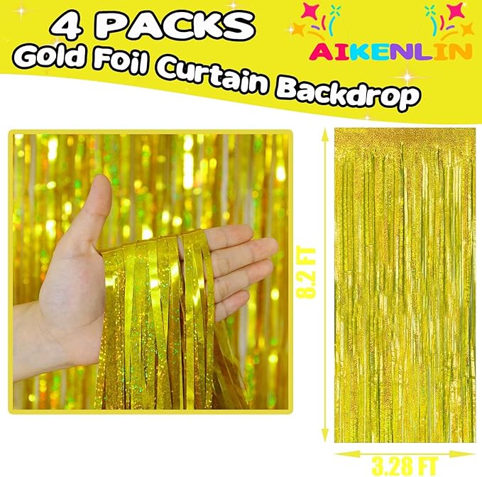 4 Pack 3.2Ft x 8.2Ft Gold Foil Fringe Curtain Backdrop, Metallic Tinsel Foil Fringe Streamers Curtains Background for Photo Booth, Birthday, Wedding, Disco, Bachelorette, Christmas Party Decoration