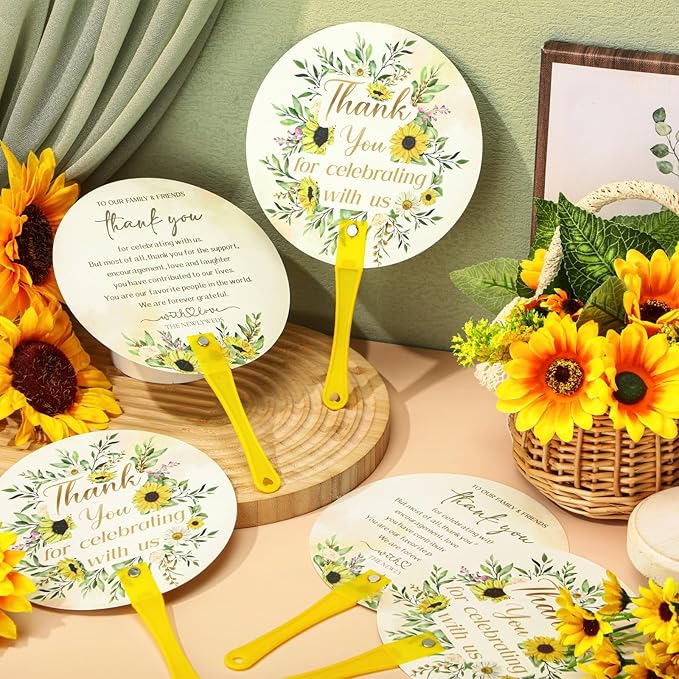 100 Pcs Wedding Hand Fans for Guests Bulk Decorative Plastic Handheld Wedding Favor Fans with Handle Thank You for Celebrating with Us for Ceremony Bridal Shower Party Decor(Sunflower)