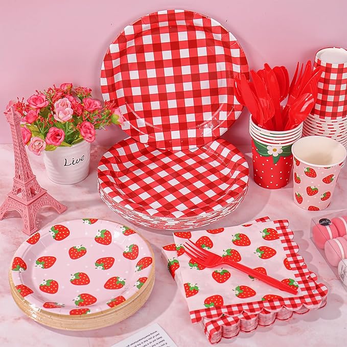 175Pcs Strawberry Gingham Party Supplies Kit Red Pink Plaid Tableware Set Disposable Dinnerware Paper Napkin Plate Cup Spoon Fork Knife for 25 Guest Party Favor