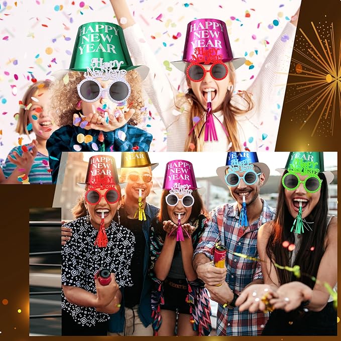 Shappy 36 Pieces New Year Eve Party Supplies 2026 Includes 12 Paper New Year Party Hats, 12 Colorful Glasses, 12 Colorful Blowers Noisemakers for 2026 Decorations Supplies