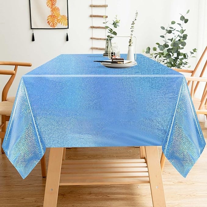 2 Pack Light Blue Iridescent Plastic Tablecloth Disposable 54 × 108 Inch Glitter Holographic Foil Table Cloth Plastic Laser Rectangle Table Cover for Birthday Wedding Disco Party