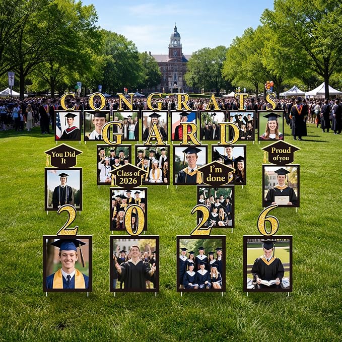 Qunclay 20 Pcs Graduation Photo Yard Sign 2026 Congrats Grad Decorations 13 x 8 Inches Class of 2026 Display Photo Yard Sign with Stakes Outdoor Graduation Pictures Display for College High School