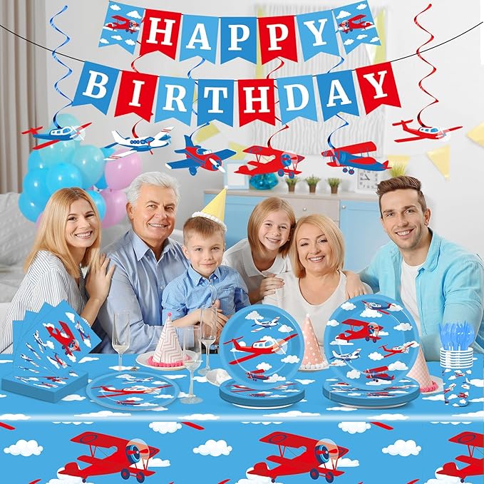184pcs Airplane Birthday Party Supplies Set Includes Airplane Plates Napkins Tablecloth Swirl Banner Tableware Kit Dispose Airplane Birthday Table Decorations Favors, Serve 25