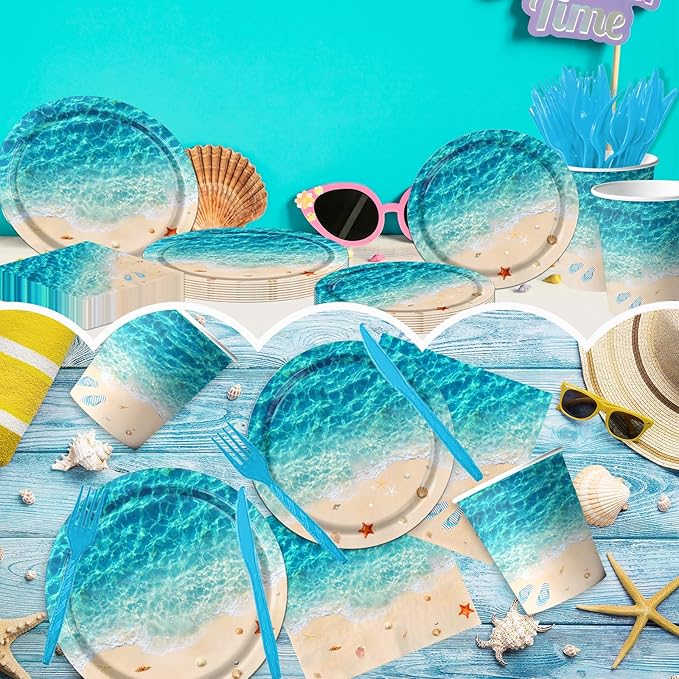 Beach Party Supplies, 144Pcs Ocean Waves Birthday Party Supplies Tableware Set Summer Pool party Decorations Ocean Plates and Napkins and Cups for Hawaiian Birthday Decorations
