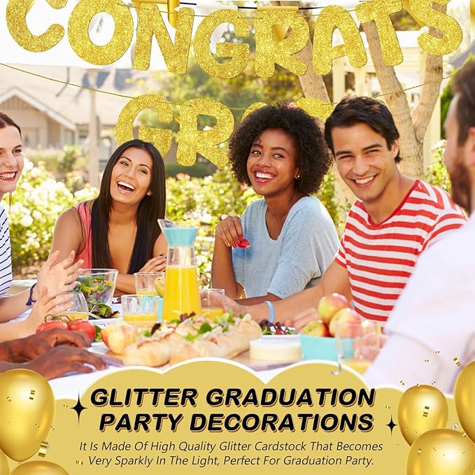 Fulmoon Pre Strung Congrats Grad Banner Glitter Congratulations Banner College Graduation Sign Class of 2026 Grad Party Decorations for High School University Graduation Party Favor(Gold)