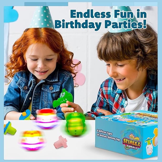 IPIDIPI TOYS Spineez Animal Light Up Spinning Tops – 8 Cute LED Spinners Toys, Easter Basket Stuffers for Kids, Birthday Party Favors, Goodie Bag Stuffers, School Prizes for Boys & Girls