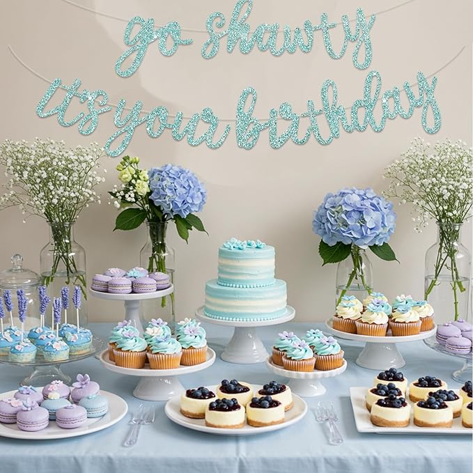 BEISHIDA Go Shawty It's Your Birthday Banner NO DIY Hip Hop Theme Happy Birthday Banner Pre-Strung Rap Theme Happy Birthday Sign for Man Women birthday Party Supply Glitter Light Blue