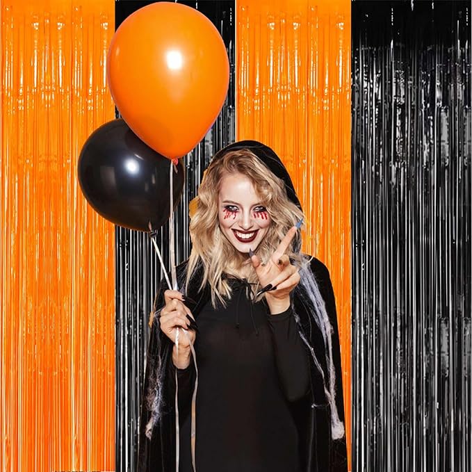 Foil Fringe Curtains - 4 Pack of 3.2x8.2ft Orange Black Foil Fringe Curtains for Birthday Halloween Photo Backdrop Party Decorations, Orange and Black Party Streamers for Photo Booth Props