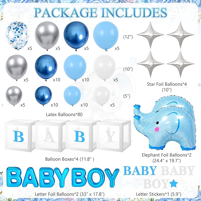 Elephant Baby Shower Decorations for Boy Elephant Themd Birthday Party Supplies Balloon Garland It's a Boy Backdrop Tablecloth Cake Toppers Foil Balloon for Baby Shower Decor