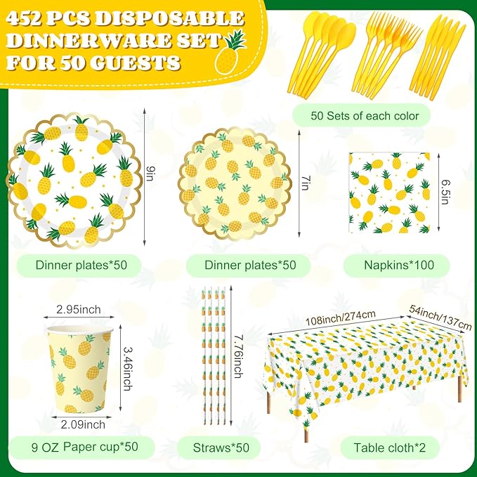 Ceenna 452 Pcs Pineapple Party Supplies for 50, Summer Fruit Paper Plates Napkins Cups Tablecloth Cutlery Straw Yellow Disposable Tableware for Birthday Bridal Baby Shower Wedding Party Decoration