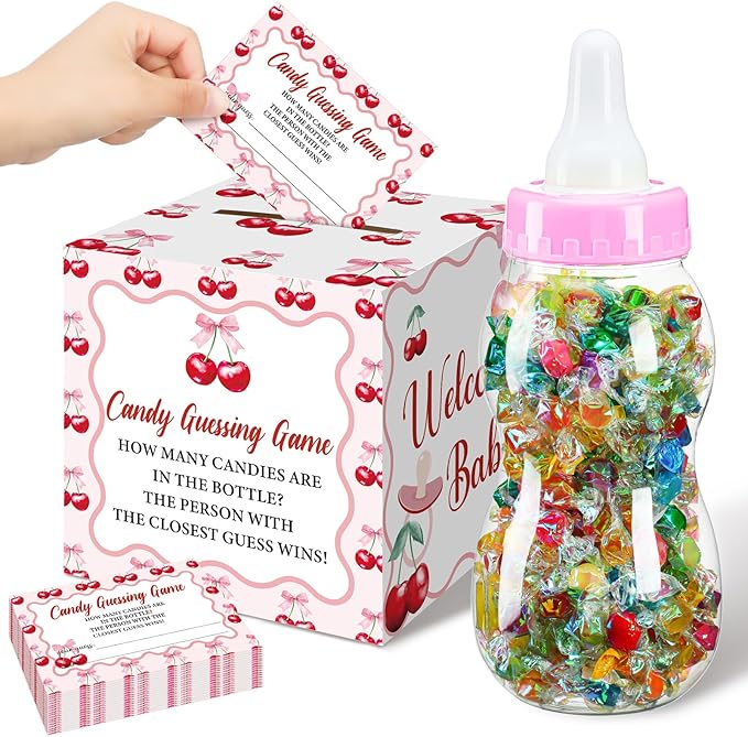 Glenmal 52 Pcs Cherry Baby Shower Games Gift Sets Large Baby Bottle for Shower Game Guess How Many Candies Decorations for Gender Reveal