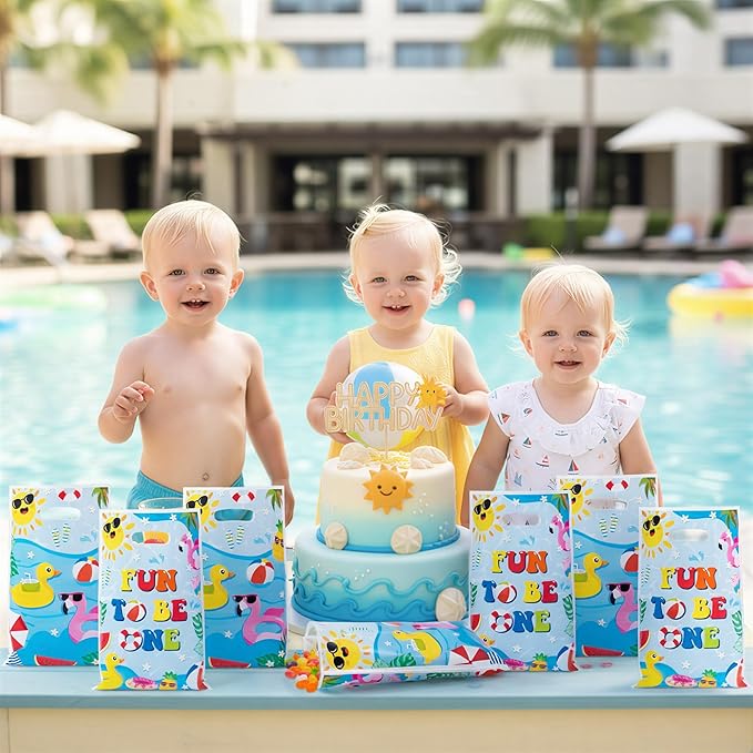Summer Pool Party Favor Bag - 50Pcs Summer Fun to Be One Goodie Candy Treat Gift Bag Beach Ball First Birthday Theme Party Decoration for Kids Beach 1st Birthday Hawaiian Swimming Pool Events Supplies