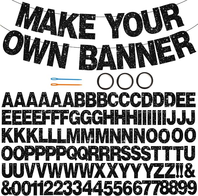 BEISHIDA 116 PCS A-Z DIY Letter Banner Kit Make Your Own Banner Glitter Black Including 111 Letters and Numbers 3 Rope and 2 Threading Device,Customized for Birthday Graduation Wedding Party Decor
