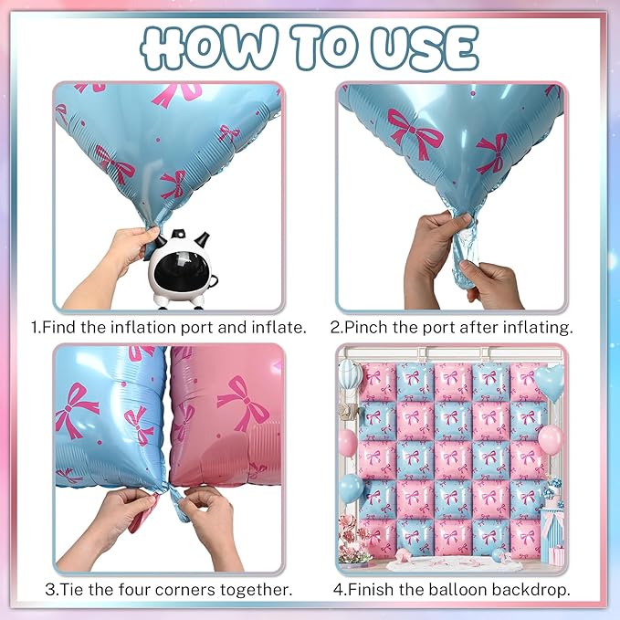 Pink and Blue Foil Balloon Wall Square, 19 Inch 25PCS Bow Print Double Sided Baby Blue Pastel Pink Balloon Backdrop Tunnel Arch Kit for Baby Shower Gender Reveal Birthday Bridal Party Decor