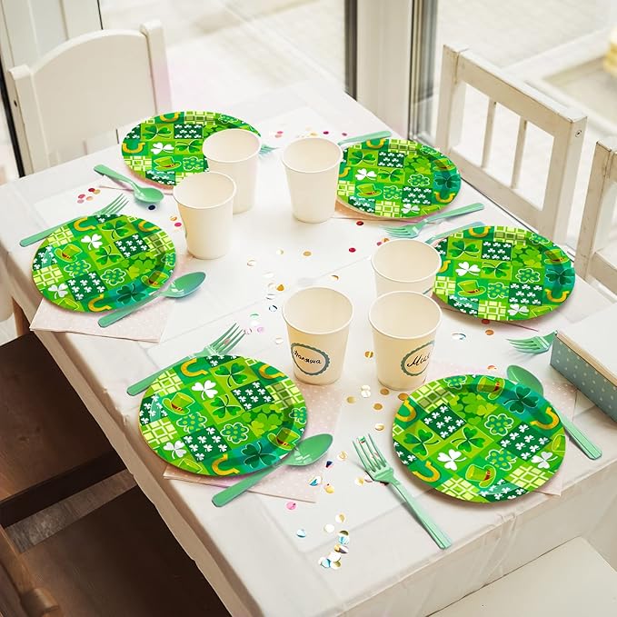 Wiooffen 48 Pcs St. Patrick's Day Paper Plates - Irish Shamrock Disposable Dessert Plates for Party Favors and Table Decor
