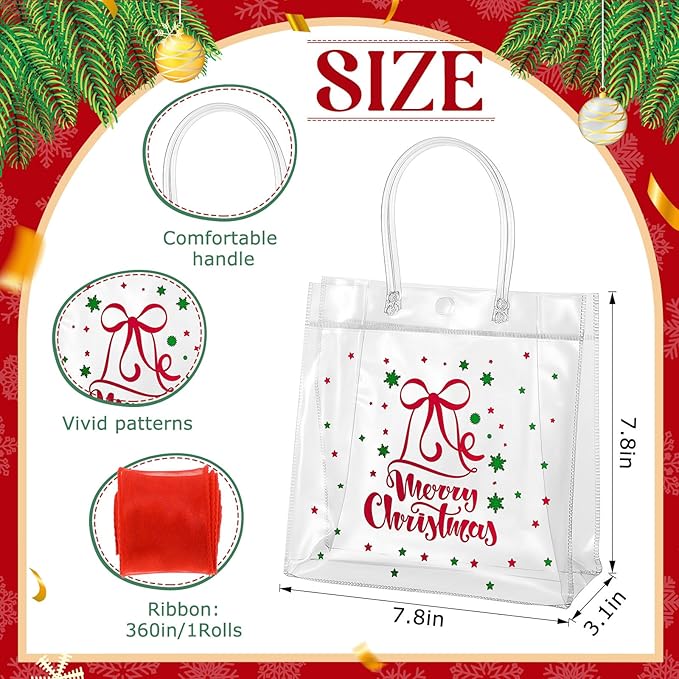 Henoyso 12 Pcs Christmas Clear Gift Bags Plastic Candy Treat Goodie Bags Red Foil Santa PVC Wrap Totes with Handles and Ribbon Xmas Party Favors (Merry Christmas,7.8 x 7.8 x 3.1 Inch)